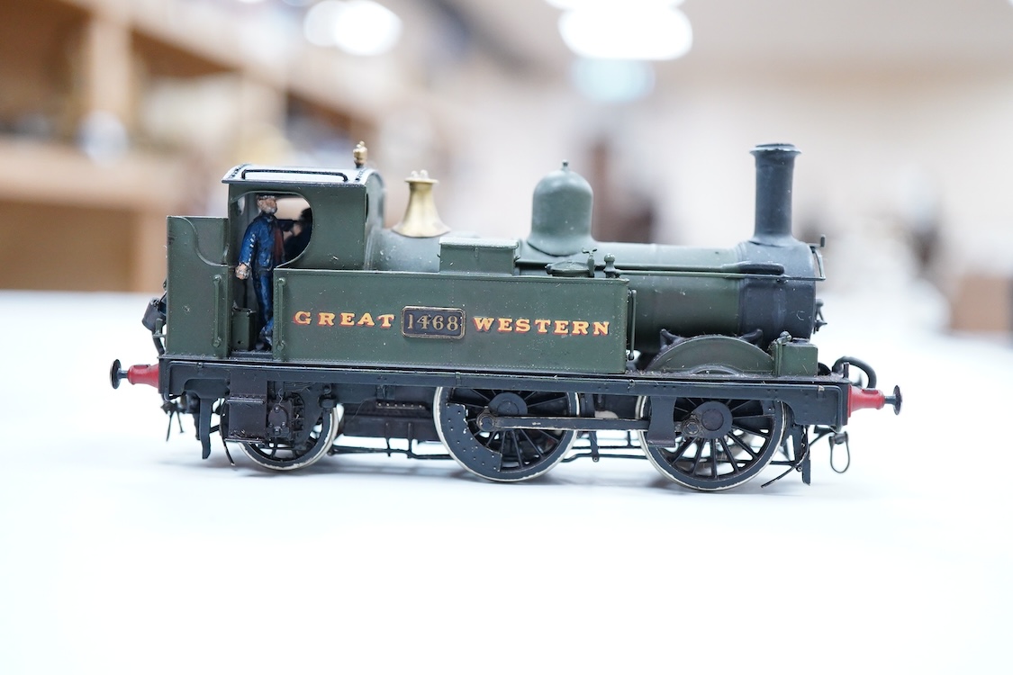 Three EM gauge GWR model railway locomotives scratch built or adapted from kits by John Worsley; 0-4-2T, 5812, 0-4-2T, 1468, and 0-4-0ST, 1143, all well detailed models.